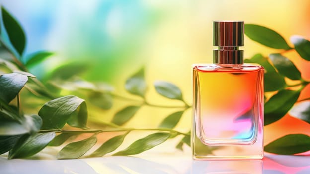 Transparent rainbow glass perfume bottle mockup with plants on background. Eau de toilette. Mockup, spring flat lay