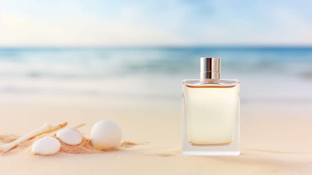 Transparent white glass perfume bottle mockup with sandy beach and ocean waves on background. Eau de toilette. Mockup, spring flat lay