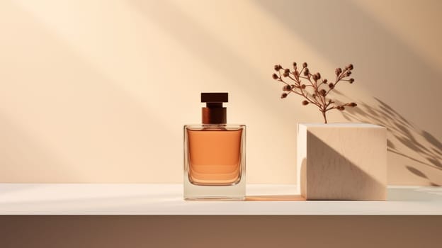 Transparent brown glass perfume bottle mockup on pedestal with minimalist background. Eau de toilette. Mockup, spring flat lay