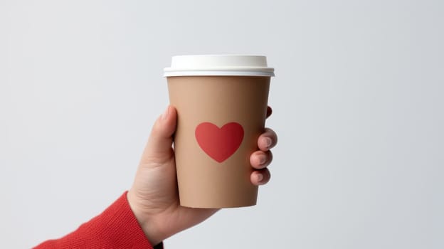 Hand holding brown disposable take out coffee cup with red heart on white background. Mockup for Valentine's Day