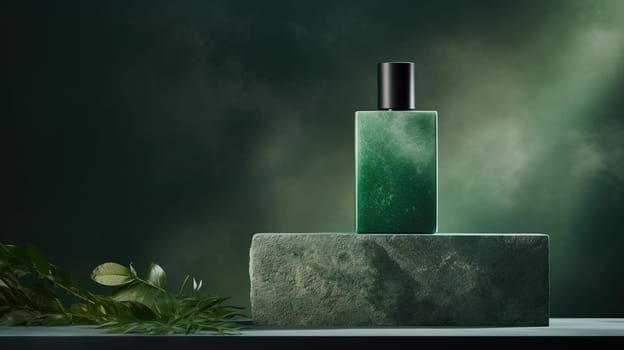 Transparent green glass perfume bottle mockup on pedestal with minimalist background. Eau de toilette. Mockup, spring flat lay