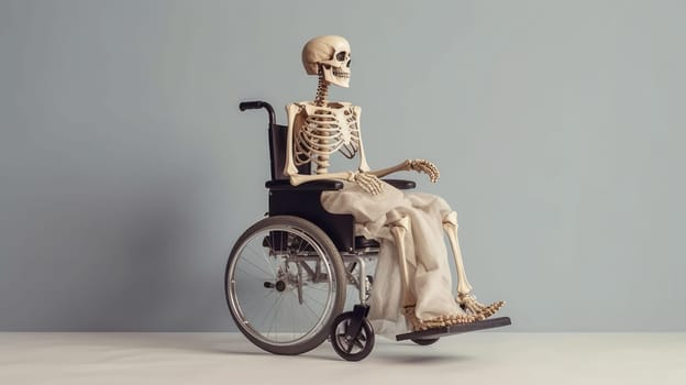 Human skeleton in medical wheelchair for invalid patient on white empty background. Hospital health care support.