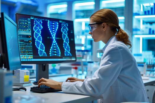 A woman scientist in a white lab coat is diligently working on a computer in a laboratory setting.