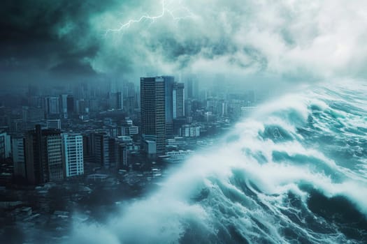 A photo of a massive wave in the ocean approaching a city, capturing the intensity and power of nature in motion.