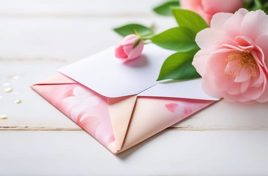 A light envelope with flowers for a festive spring greeting card. Romantic birthday background.