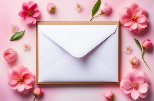 A template layout of an empty white envelope with a flap for a festive spring greeting card. Top view of a romantic background with flowers.