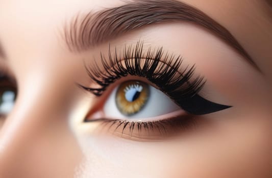 Creative makeup with extended eyelashes and eyeliner arrows. The concept of stylish makeup, close-up.