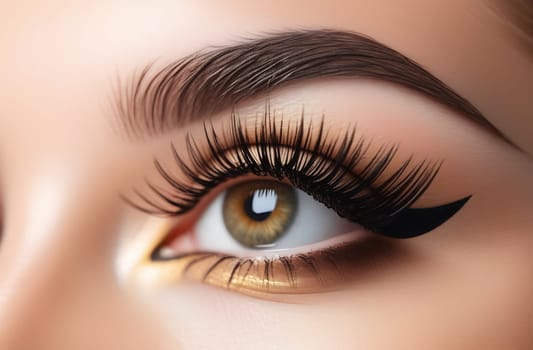 Creative makeup with extended eyelashes and eyeliner arrows. The concept of stylish makeup, close-up.