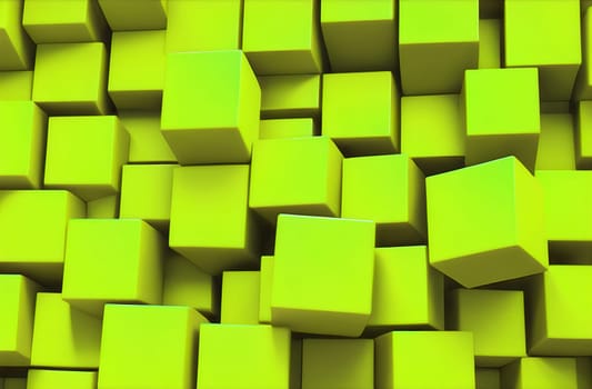 Yellow-green abstract geometric background with three-dimensional solid rectangular cubic shapes.