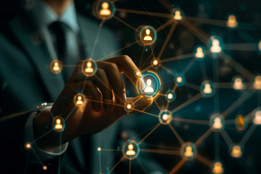 futuristic network background, hand touching the social network connection on digital display.