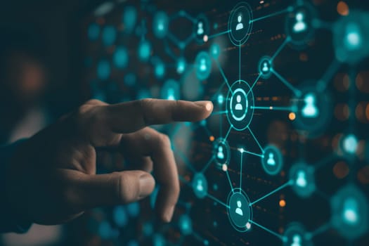 futuristic network background, hand touching the social network connection on digital display.