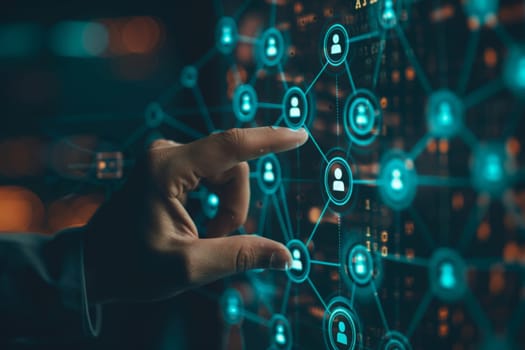 futuristic network background, hand touching the social network connection on digital display.