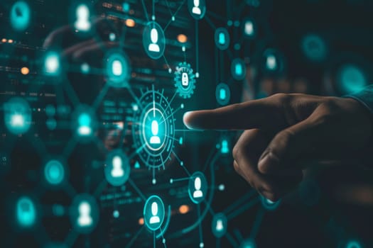 futuristic network background, hand touching the social network connection on digital display.