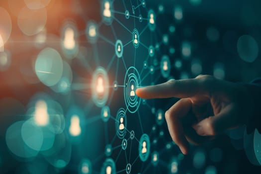 futuristic network background, hand touching the social network connection on digital display.