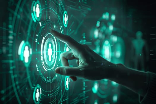 futuristic network background, hand touching the social network connection on digital display.