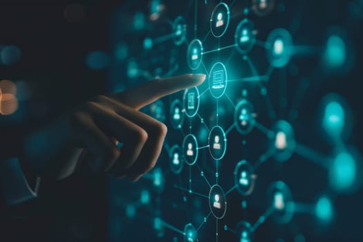 futuristic network background, hand touching the social network connection on digital display.
