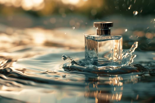 Perfume mock up, Clear Perfume glass bottle on the flowing water mock up banner.