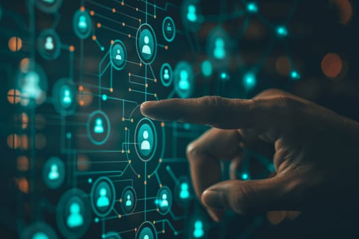 futuristic network background, hand touching the social network connection on digital display.