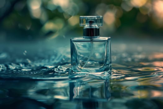 Perfume mock up, Clear Perfume glass bottle on the flowing water mock up banner.