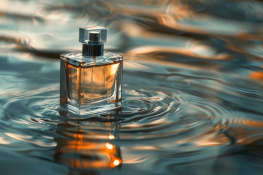 Perfume mock up, Clear Perfume glass bottle on the flowing water mock up banner.