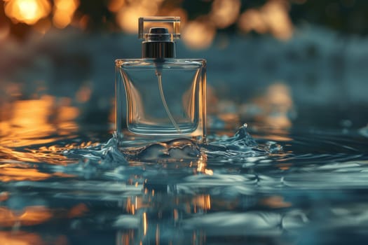 Perfume mock up, Clear Perfume glass bottle on the flowing water mock up banner.