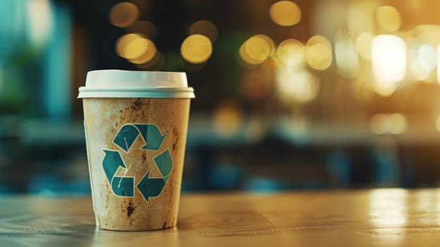 Coffee in paper with recycle sign cup, cafe background. Generative AI.