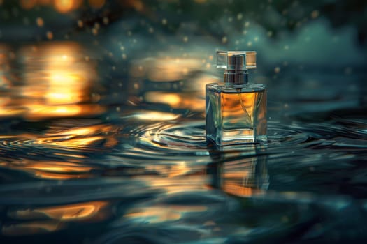 Perfume mock up, Clear Perfume glass bottle on the flowing water mock up banner.