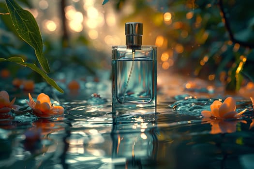 Perfume mock up, Clear Perfume glass bottle on the flowing water mock up banner.