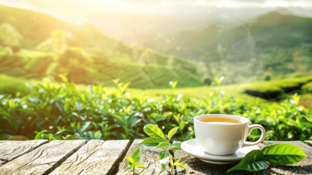 Wooden table blurred tea plantation background. Generative AI.