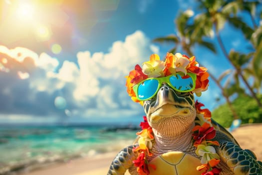 Summer beach background, Turtle with hawaiian costume tropical palm and beach background.