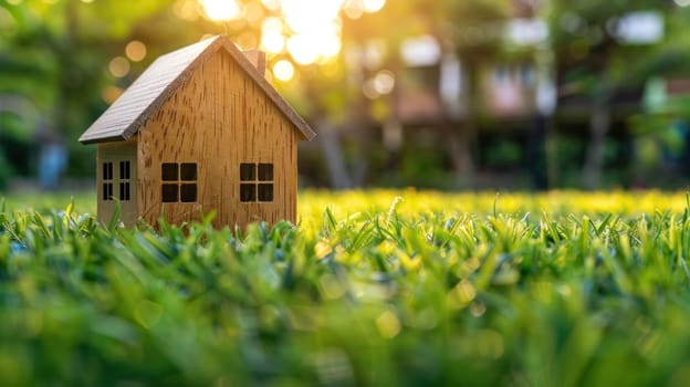 Wooden model of house on grass, summer outdoor, new home concept. Generative AI.