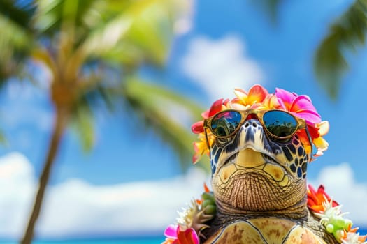 Summer beach background, Turtle with hawaiian costume tropical palm and beach background.