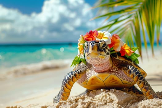 Summer beach background, Turtle with hawaiian costume tropical palm and beach background.