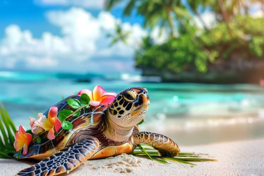 Summer beach background, Turtle with hawaiian costume tropical palm and beach background.