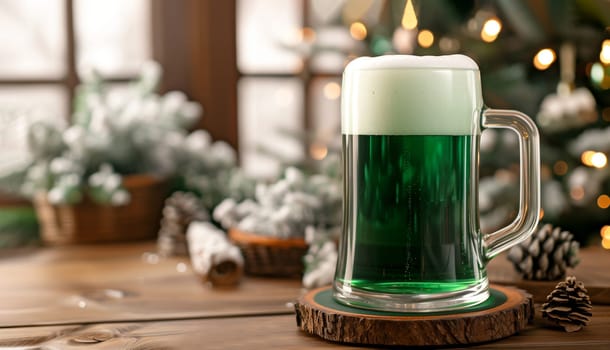 Glass Of Festive Green Beer with Frothy Foam on Wooden Table For St. Paddy Day, Christmas Tree on Background. St. Patrick Day Drink, Holiday Irish Beer Mockup. Space For Text. Horizontal AI Generated