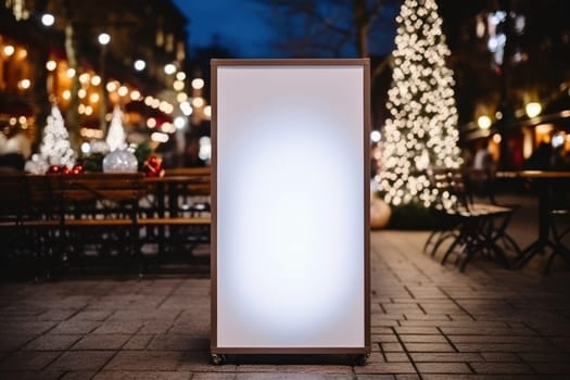 blank white billboard at bus stop on city street. In the background buildings and road. Mock up. Poster on street next to roadway. , Generative ai.