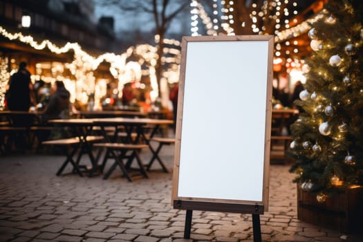 blank white billboard at bus stop on city street. In the background buildings and road. Mock up. Poster on street next to roadway. , Generative ai.