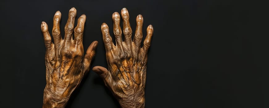 Banner Hands of Old African American Person with Osteoarthritis. Palms, Bones with Degenerative Joint Disease. Dark Background with Empty Space For Text. AI Generated. Horizontal Mockup