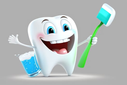 Happy healthy character tooth with toothbrush . Generative AI.