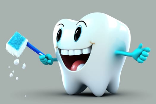 Happy healthy character tooth with toothbrush . Generative AI.