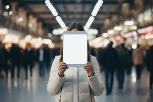 a woman holding a white sign in front of her face. generative AI.