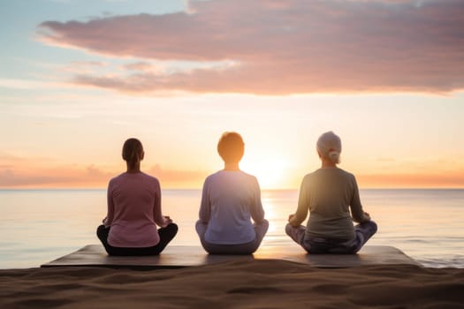 Senior woman practicing yoga and meditation on the beach .Generative AI.