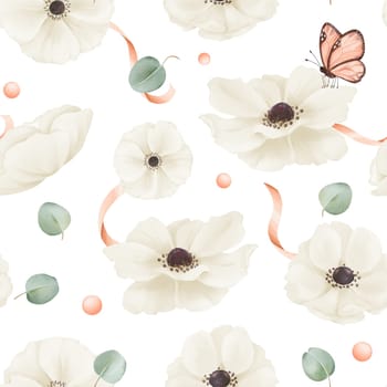 Seamless pattern featuring white watercolor anemones, eucalyptus leaves, satin ribbons, and rhinestones. textile, web design, print materials greeting cards wallpapers gift packaging accessories.