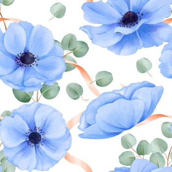 A seamless pattern featuring watercolor floral elements. blue anemones, satin ribbons, and delicate eucalyptus leaves. for fabric prints, digital wallpapers, stationery designs and decorative art.