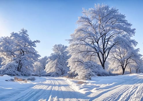 A serene winter landscape, snow blankets the ground, trees adorned with frost, picturesque panorama. Generative AI