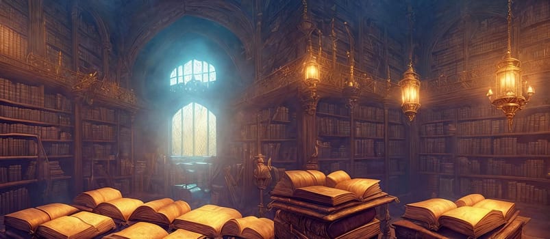 Magical library with a showcase towering shelves of ancient tomes, fluttering parchments, mystical artifacts. Generative AI.