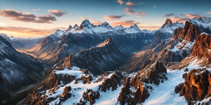 Snowy mountain peaks under a vast sky panorama. Generative AI.