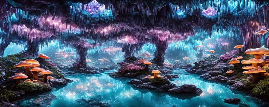 Crystal Cave, a subterranean world filled with shimmering crystal formations, glowing mushrooms, and irides. Generative AI