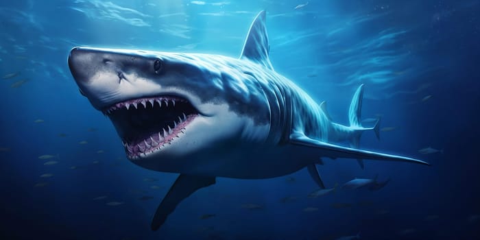 Shark swims through the underwater world in blue. AI Generative