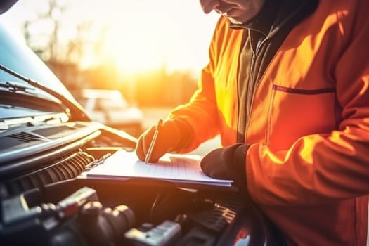 mechanic working under to repair service and maintenance car. generative AI.